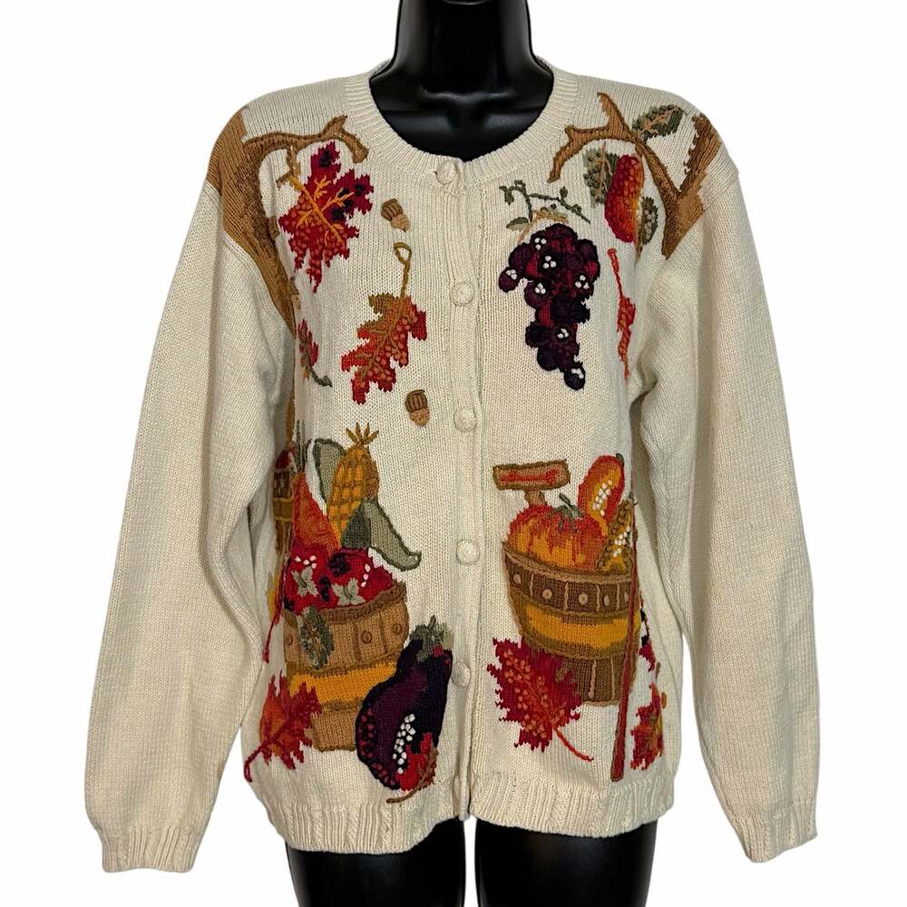 Vtg 90s Talbots Thanksgiving Cardigan Sweater Autumn Harvest Fall Knit Leaves L